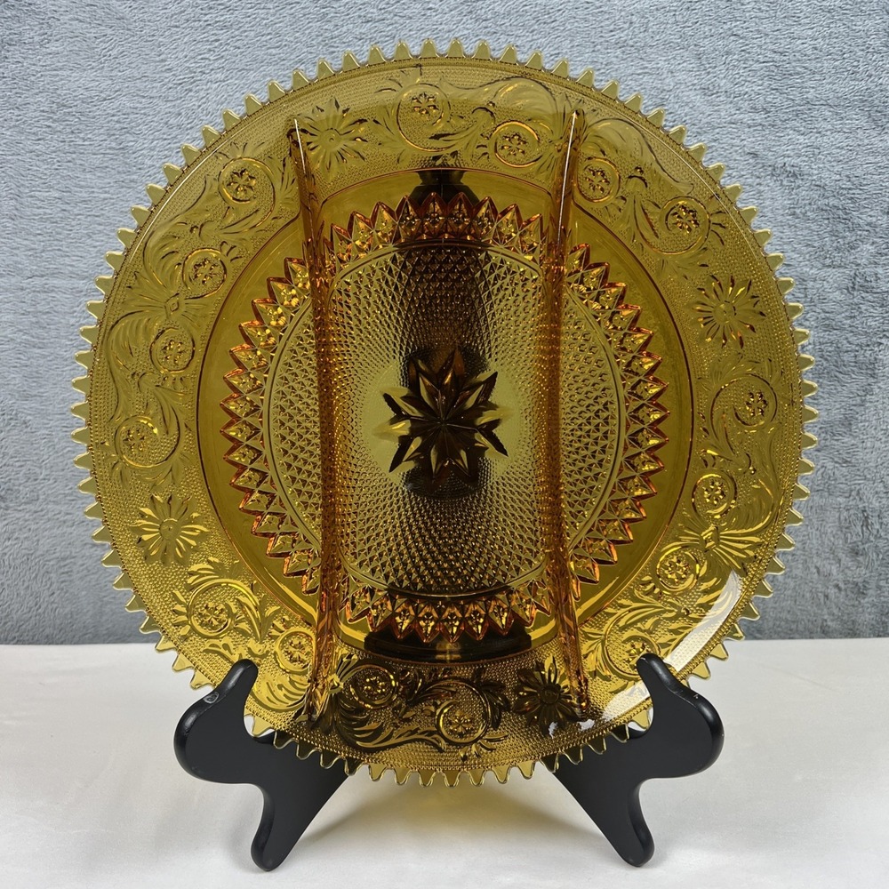 VINTAGE INDIANA TIARA "SANDWICH"‎ AMBER GLASS DIVIDED SERVING PLATE